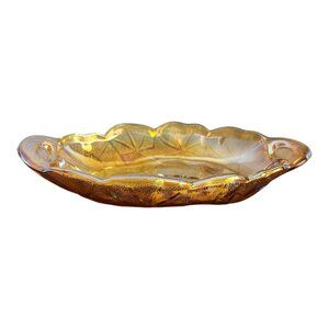 Amber Marigold Carnival Glass Sunflower Pattern Oval Relish Dish With Handles